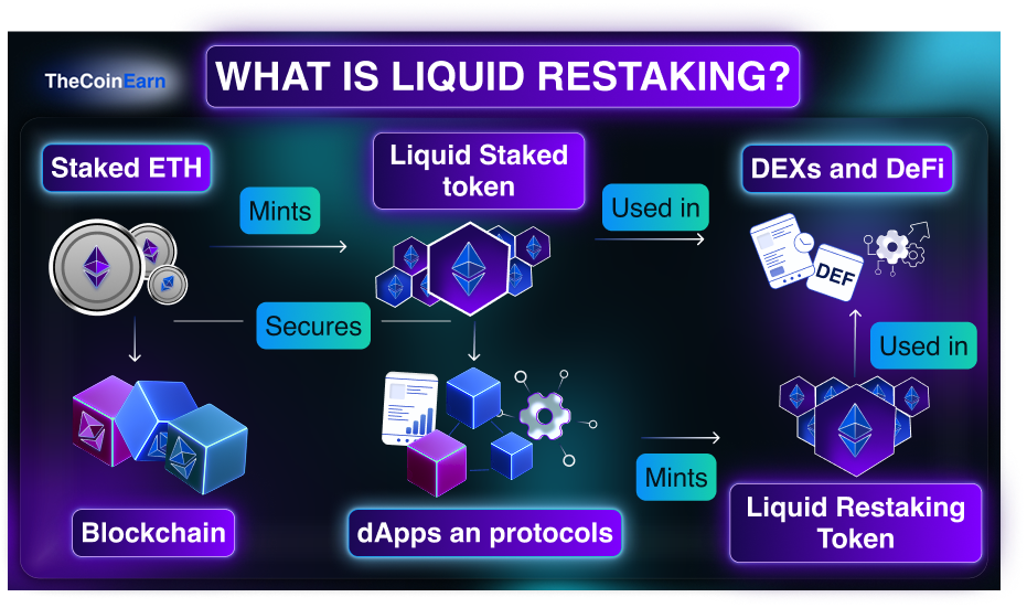 An explanation of the liquid restaking process showing the role of stakes in protocols and securing blockchains.